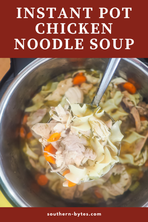 A pin image of an instant pot filled with chicken noodle soup.