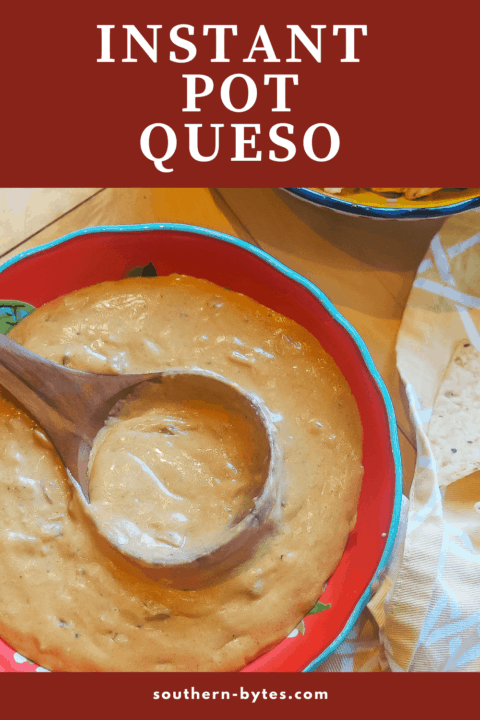 A pin image of a red bowl filled with instant pot queso with chips and a wooden spoon.