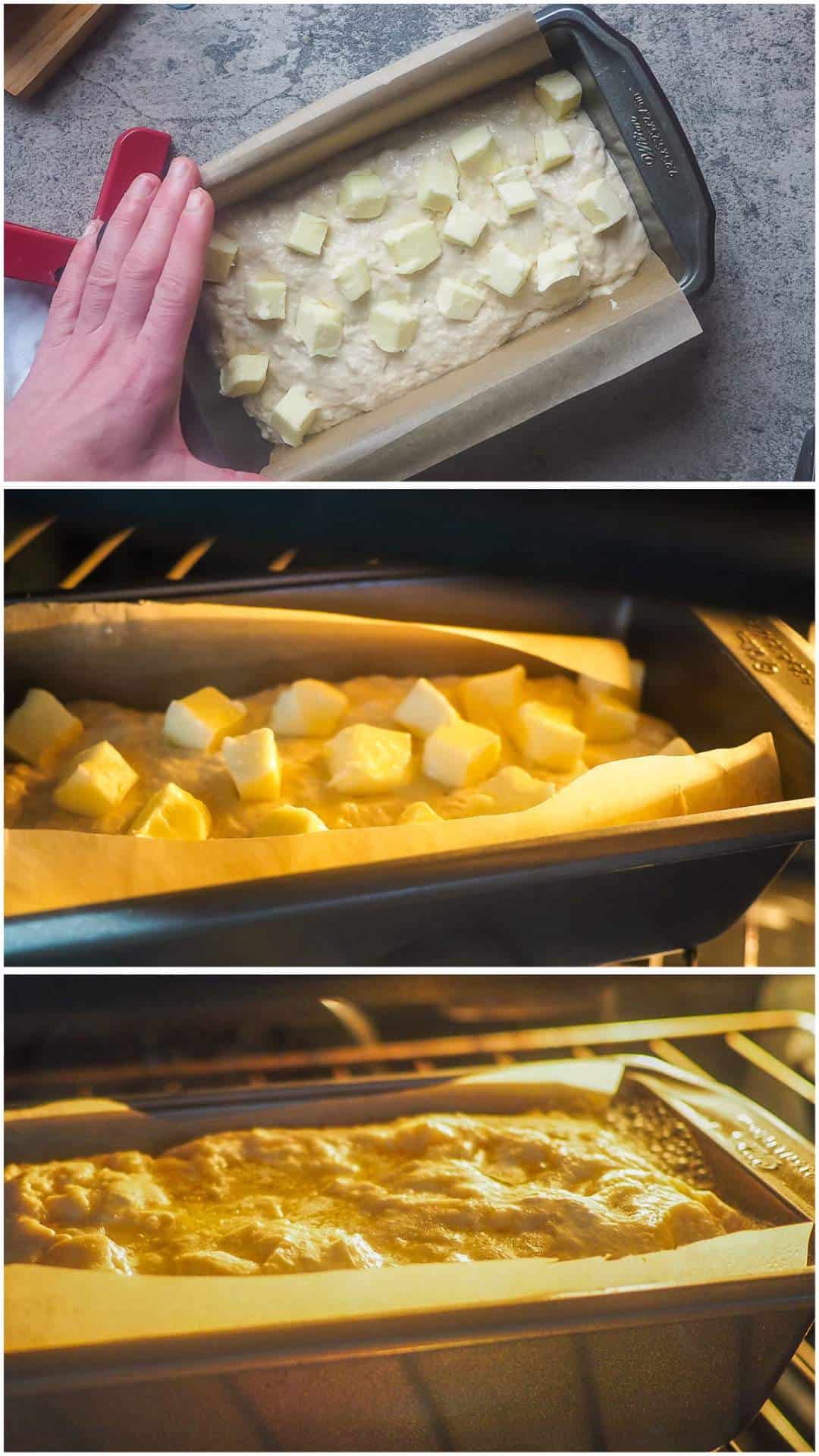 A collage of images showing the process of making beer bread, topped with butter cubes and baking.