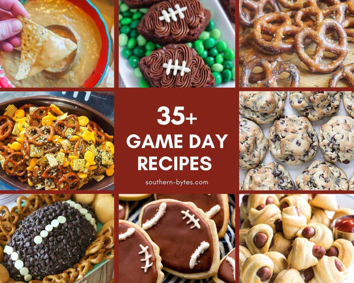 A collage of images of game day recipes.