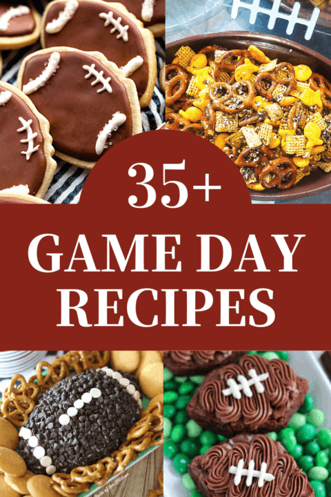 A pin image - a collage of game day recipes.