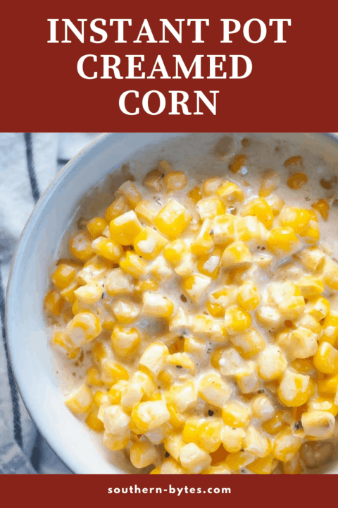 A pin image of a bowl of creamed corn.