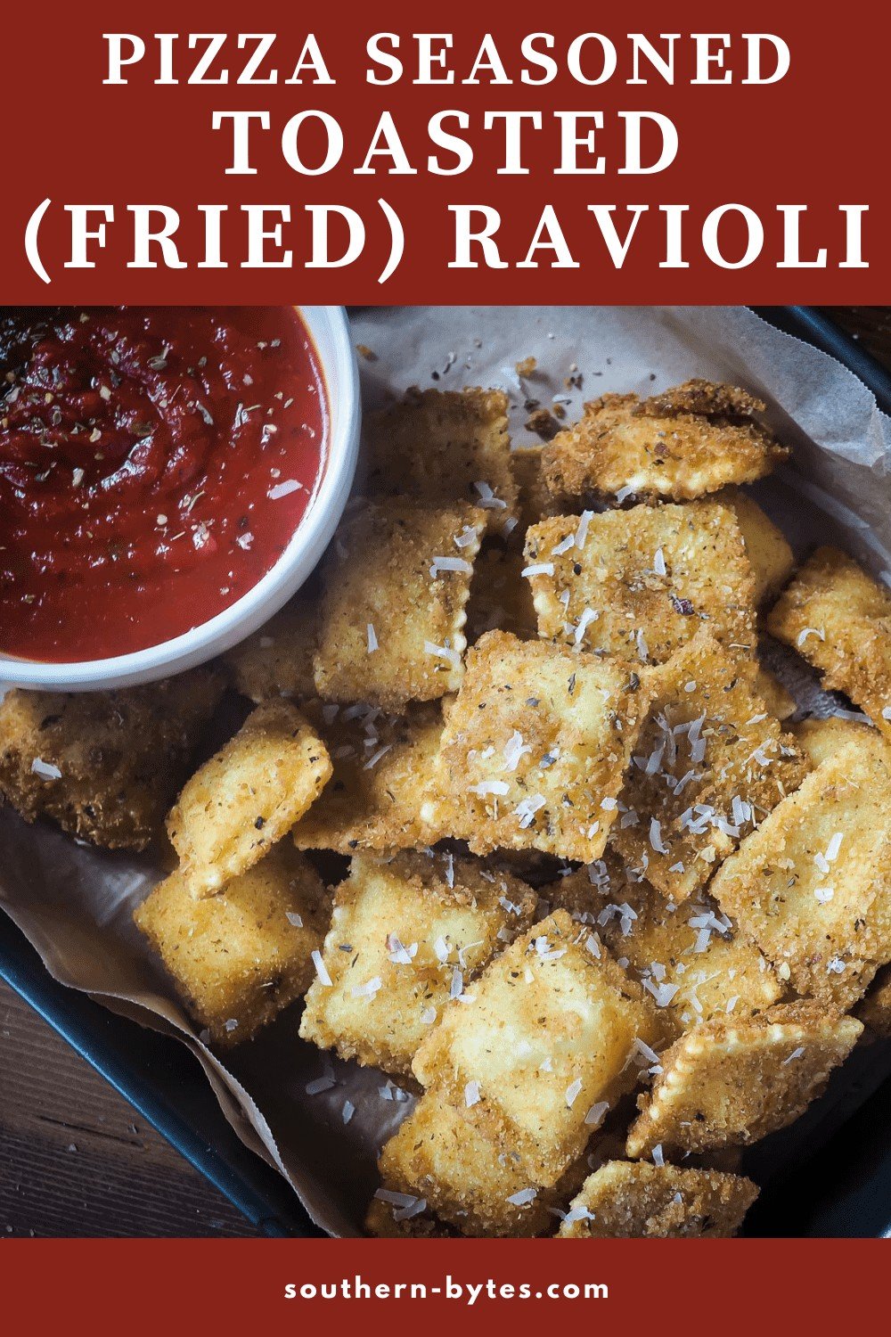 A pin image of fried ravioli in a baking pan with a bowl of sauce.