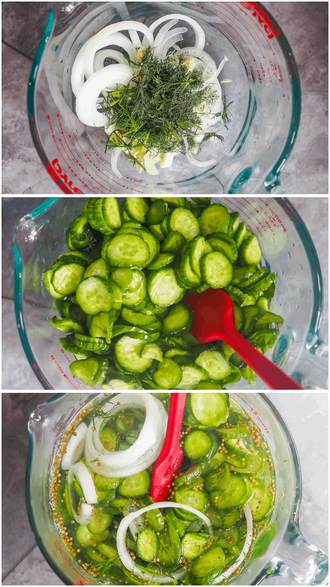 A collage of images showing how to make dill pickles.