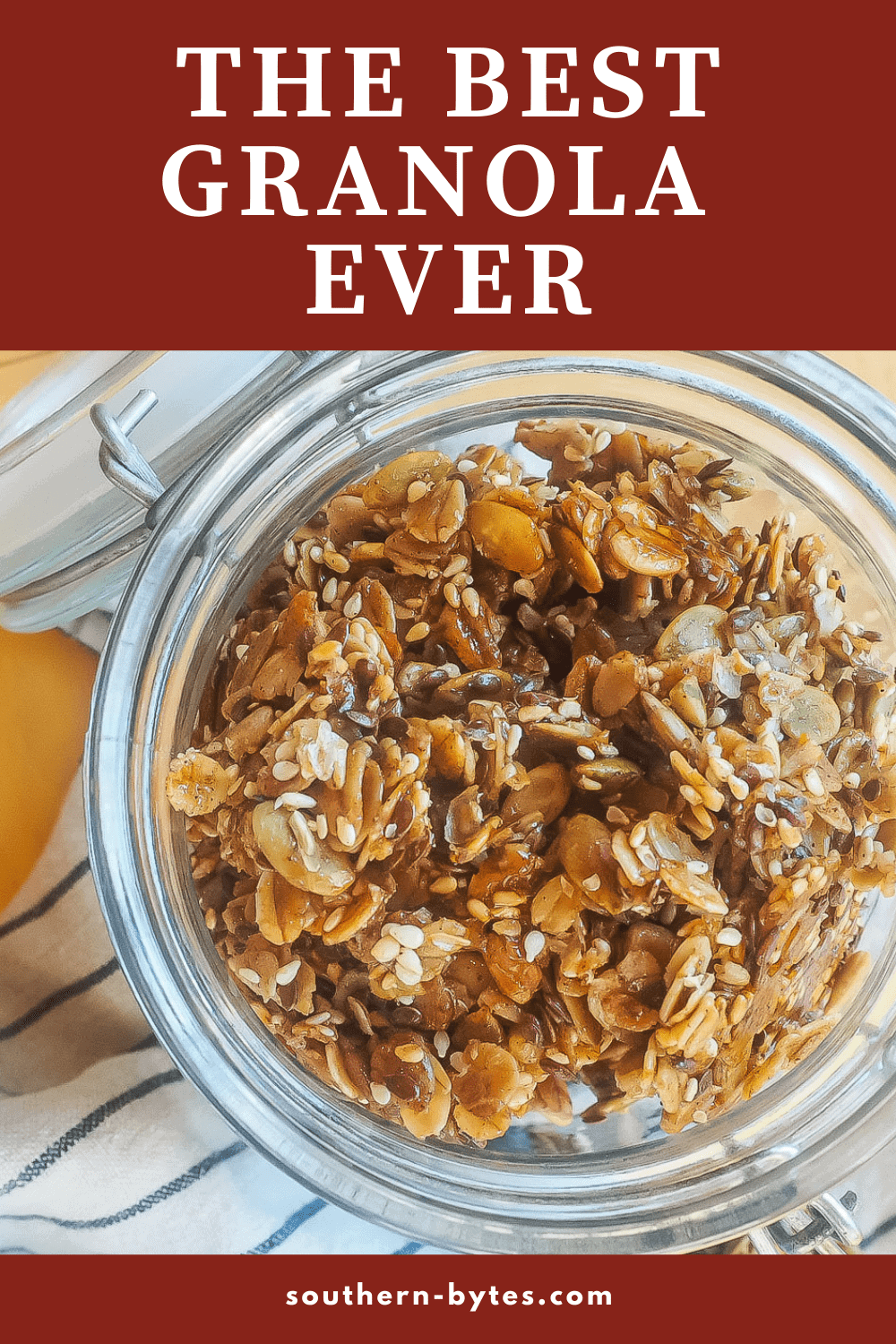 A pin image of a jar of homemade granola.