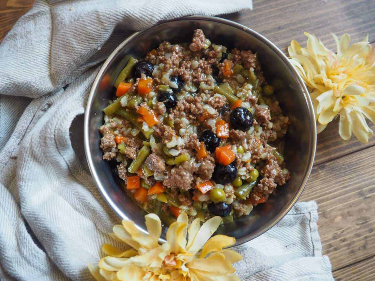 A bowl of instant pot homemade dog food with ground beef, carrots, green beans, coconut oil, and rice.