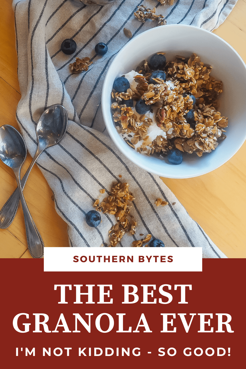 A pin image of a bowl of homemade yogurt and homemade granola.