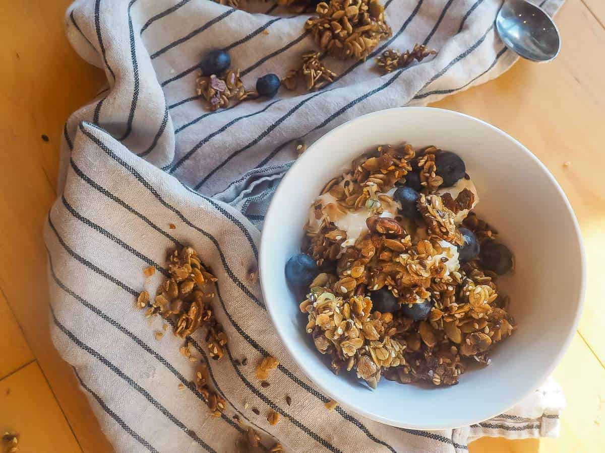A bowl of granola with yogurt and blueberries.
