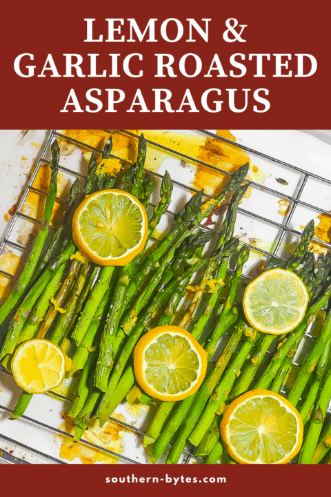 A pin image of lemon asparagus on a cooling rack.