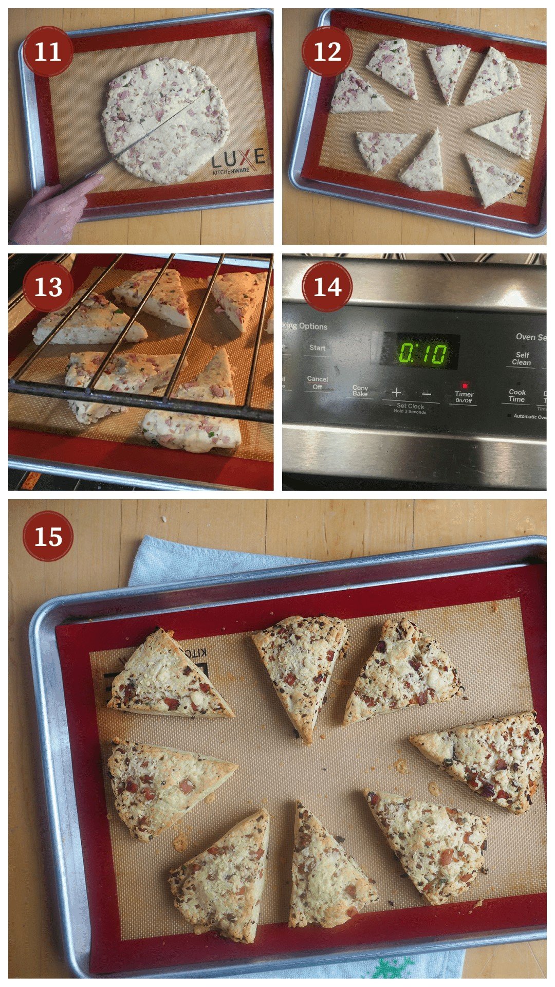 A collage of images showing how to make ham and cheese scones, steps 11 - 15.