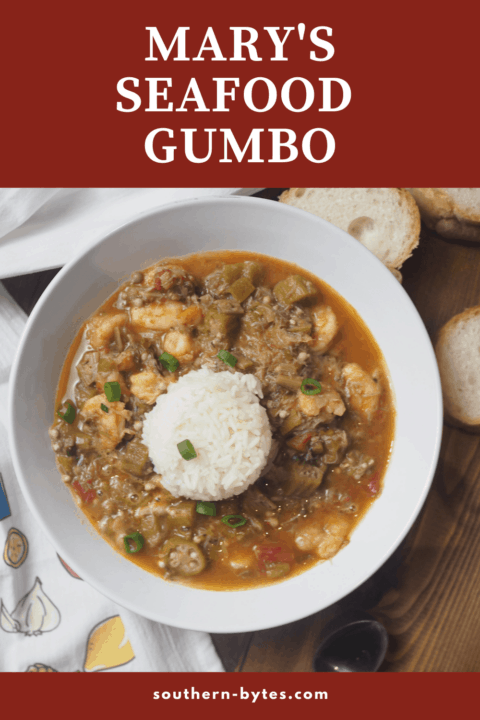 A pin image of a white bowl of shrimp and crab creole seafood gumbo.