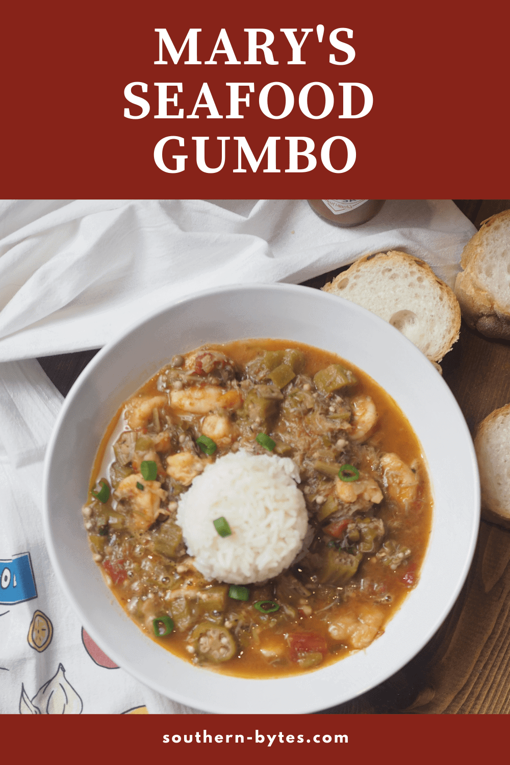 A pin image of a white bowl of seafood gumbo.