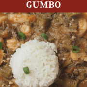 A pin image of a zoomed in picture of seafood gumbo.
