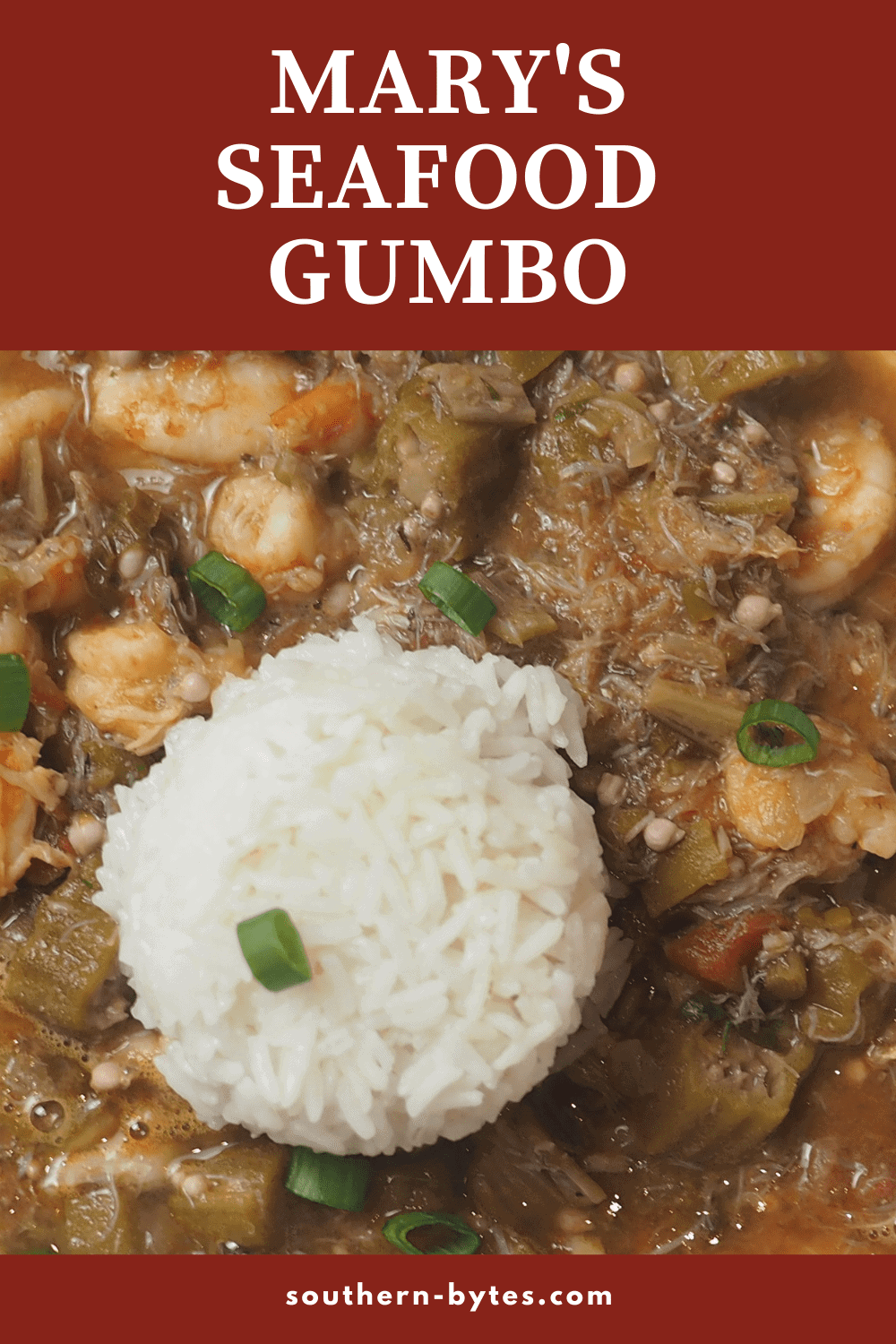 A pin image of a zoomed in picture of seafood gumbo.