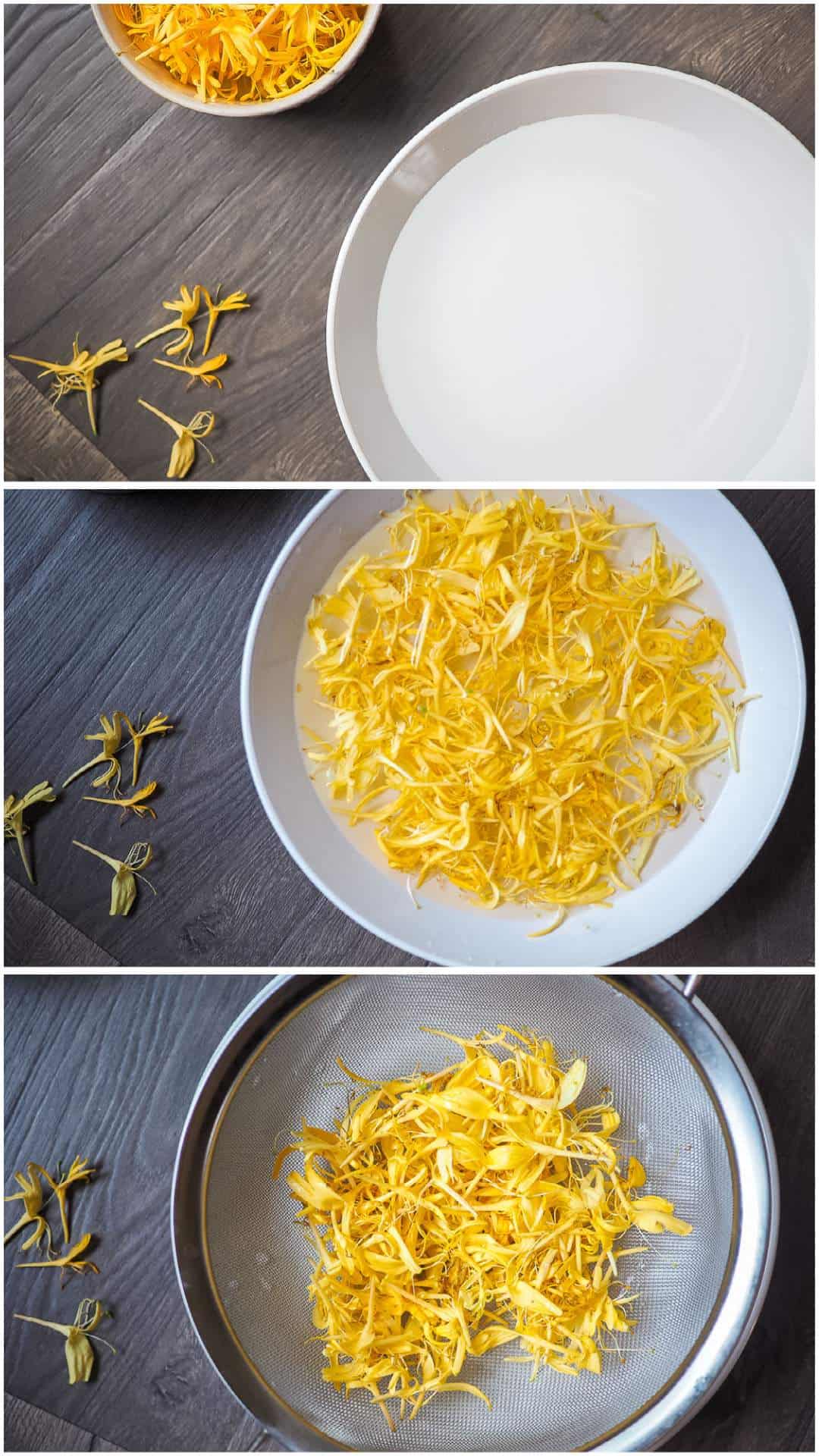 A collage of images showing how to clean honeysuckle flowers.