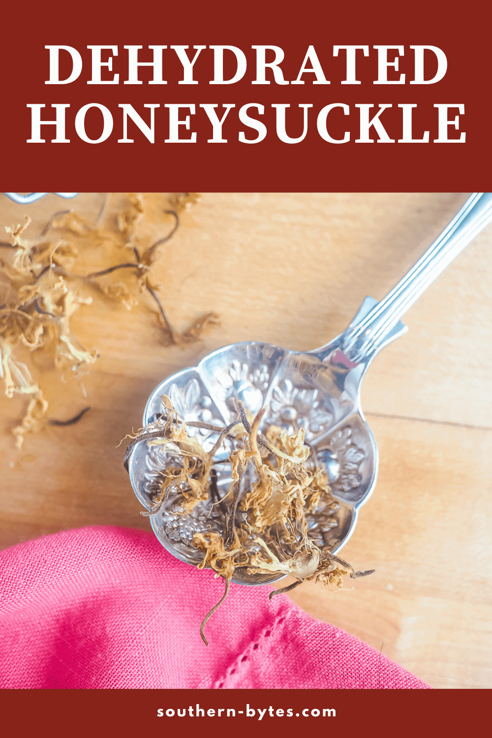 A pin image of a fancy spoon with dried honeysuckle blossoms on it.