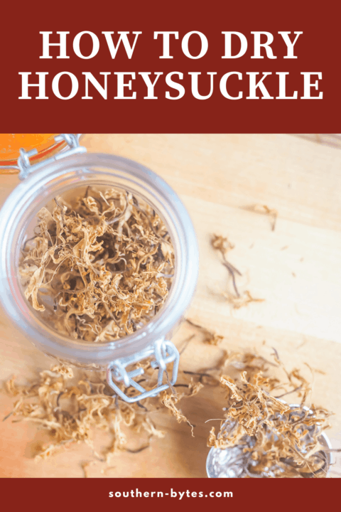 A pin image of a jar of honeysuckle that has been dehydrated.