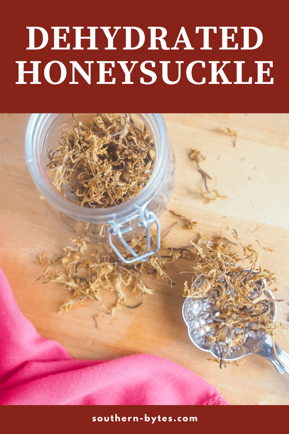 A pin image of a fancy spoon with dried honeysuckle blossoms on it.