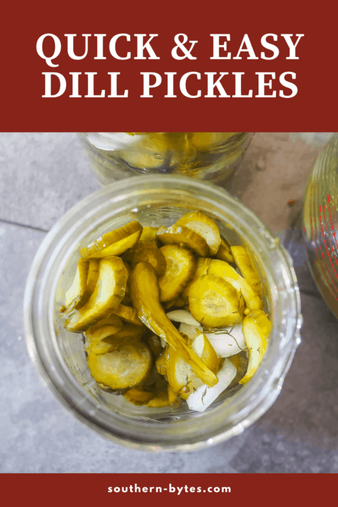 A pin image of an overhead view of a jar of pickles and overlay text.