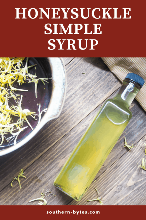 A pin image of a bottle of honeysuckle simple syrup.