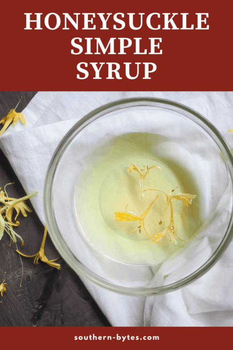 A pin image of a bowl of honeysuckle simple syrup.