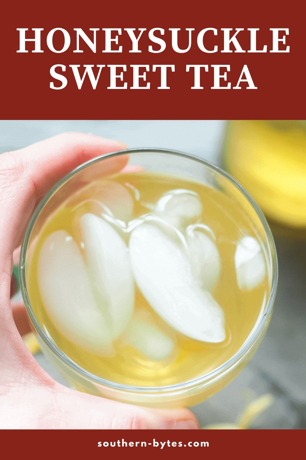 A pin image of a glass of honeysuckle sweet tea.