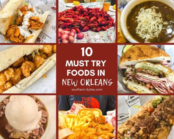 A collage of images of food from New Orleans with overlay text.