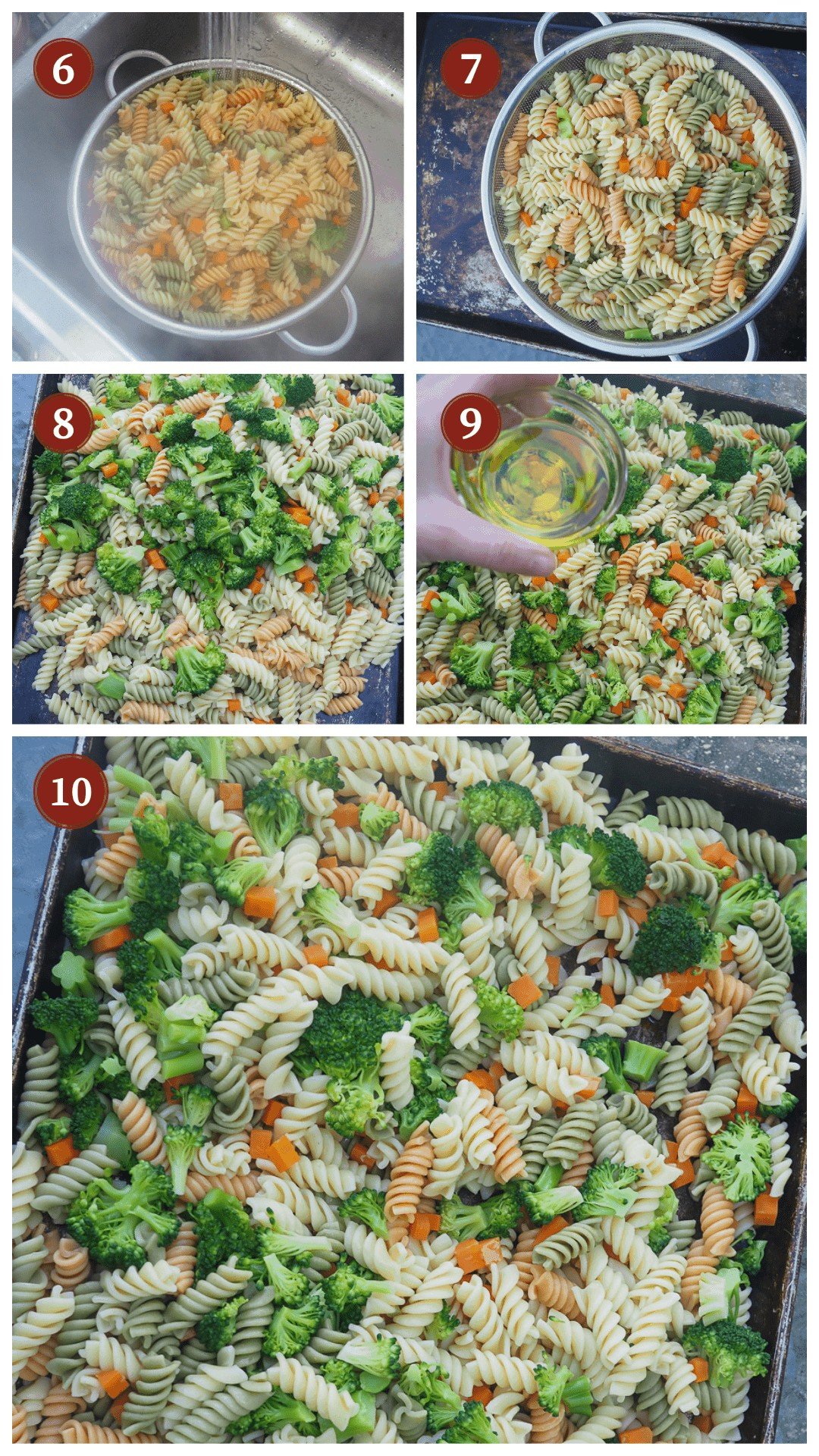 A collage of images showing hot to make pasta salad, steps 6 - 10.