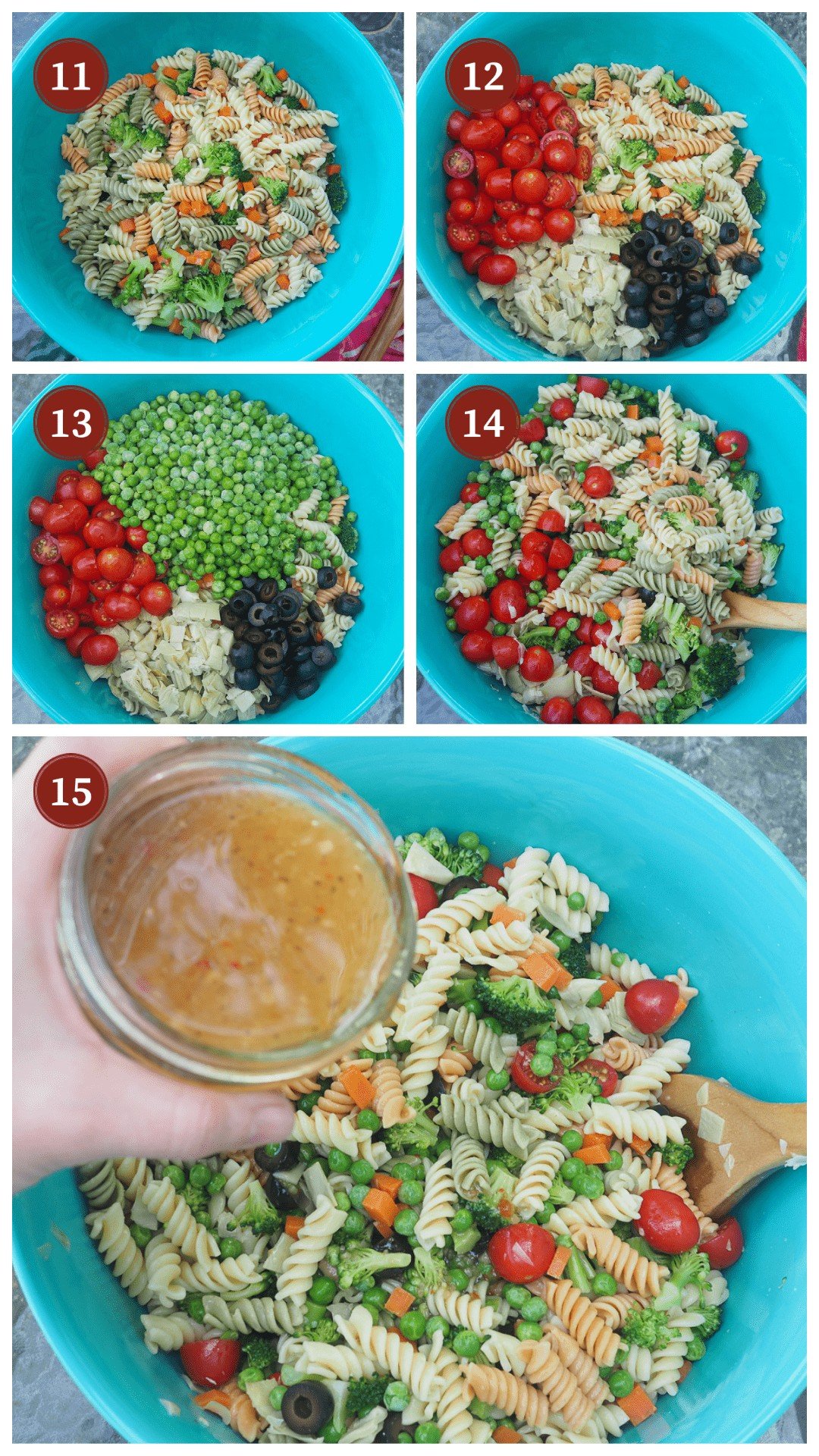 A collage of images showing hot to make pasta salad, steps 11 - 15.