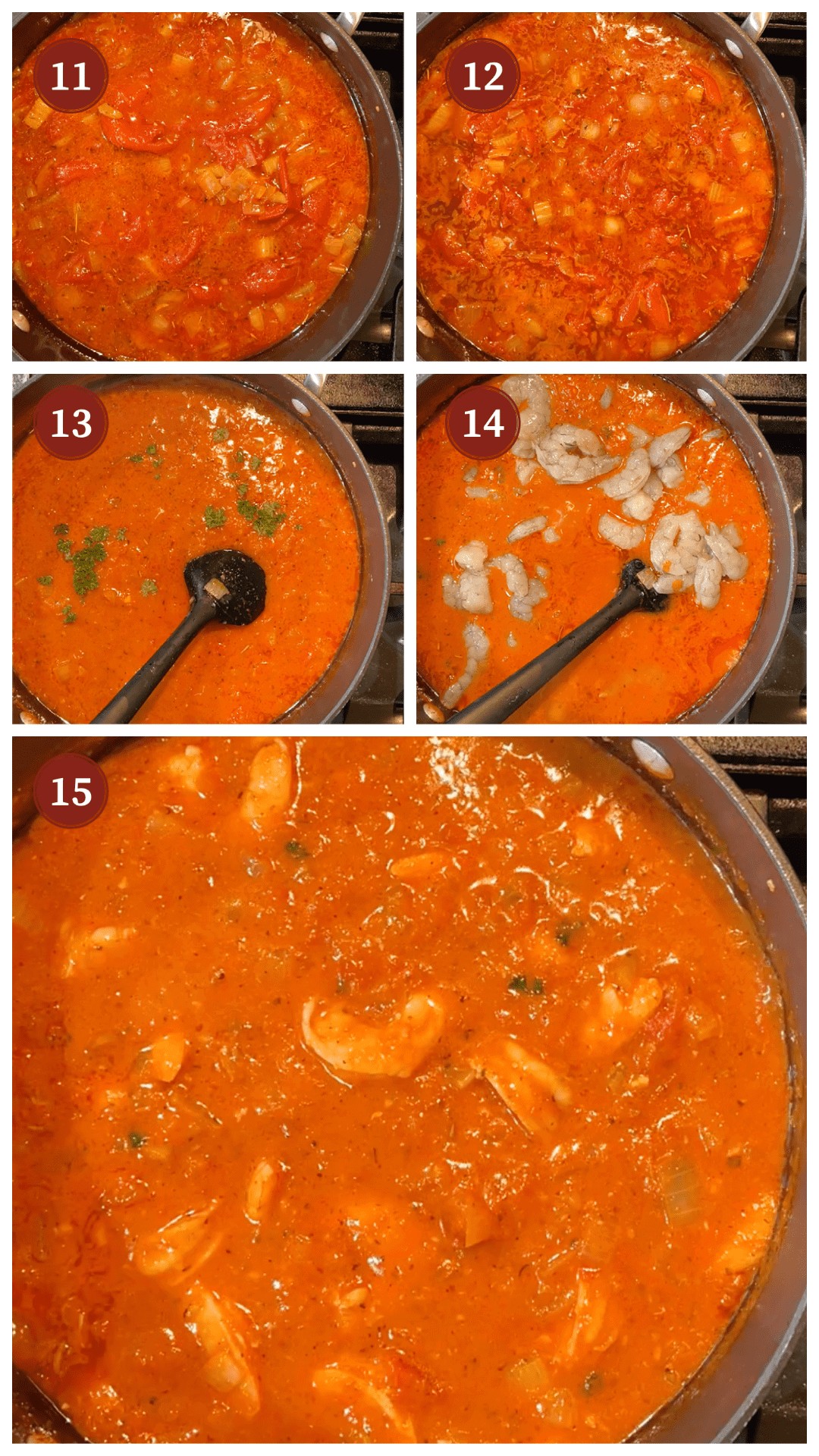 A collage of images showing how to make shrimp creole, steps 11 - 1 q5.