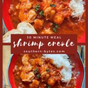 A pin image of two red bowls of shrimp creole with overlay text.