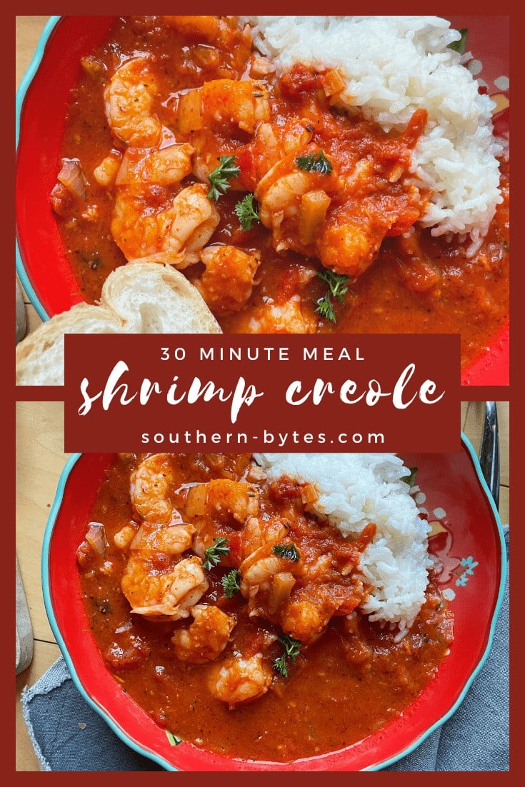 A pin image of two red bowls of shrimp creole with overlay text.