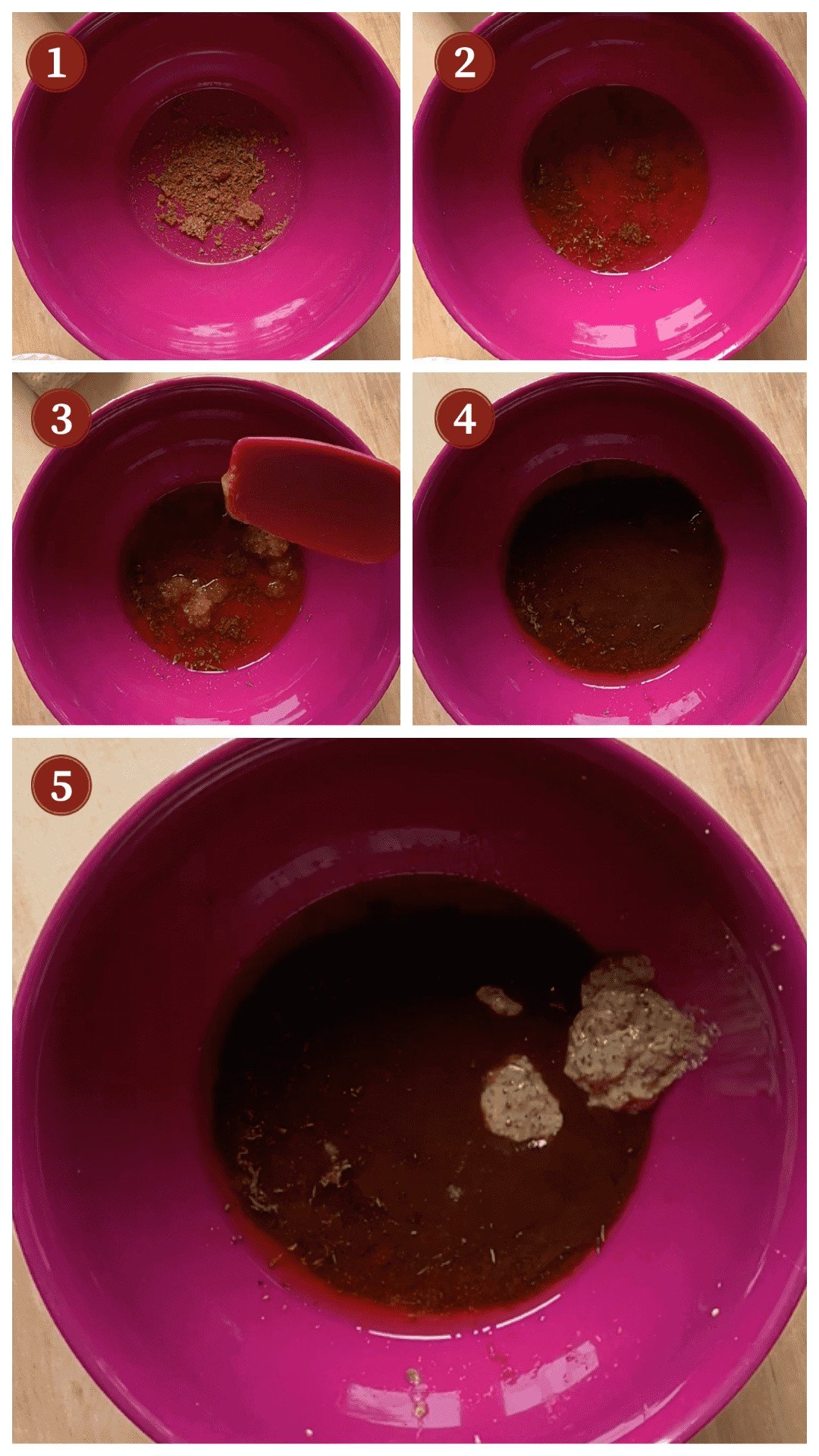 A collage of images showing how to make bourbon street steak, steps 1 - 5.