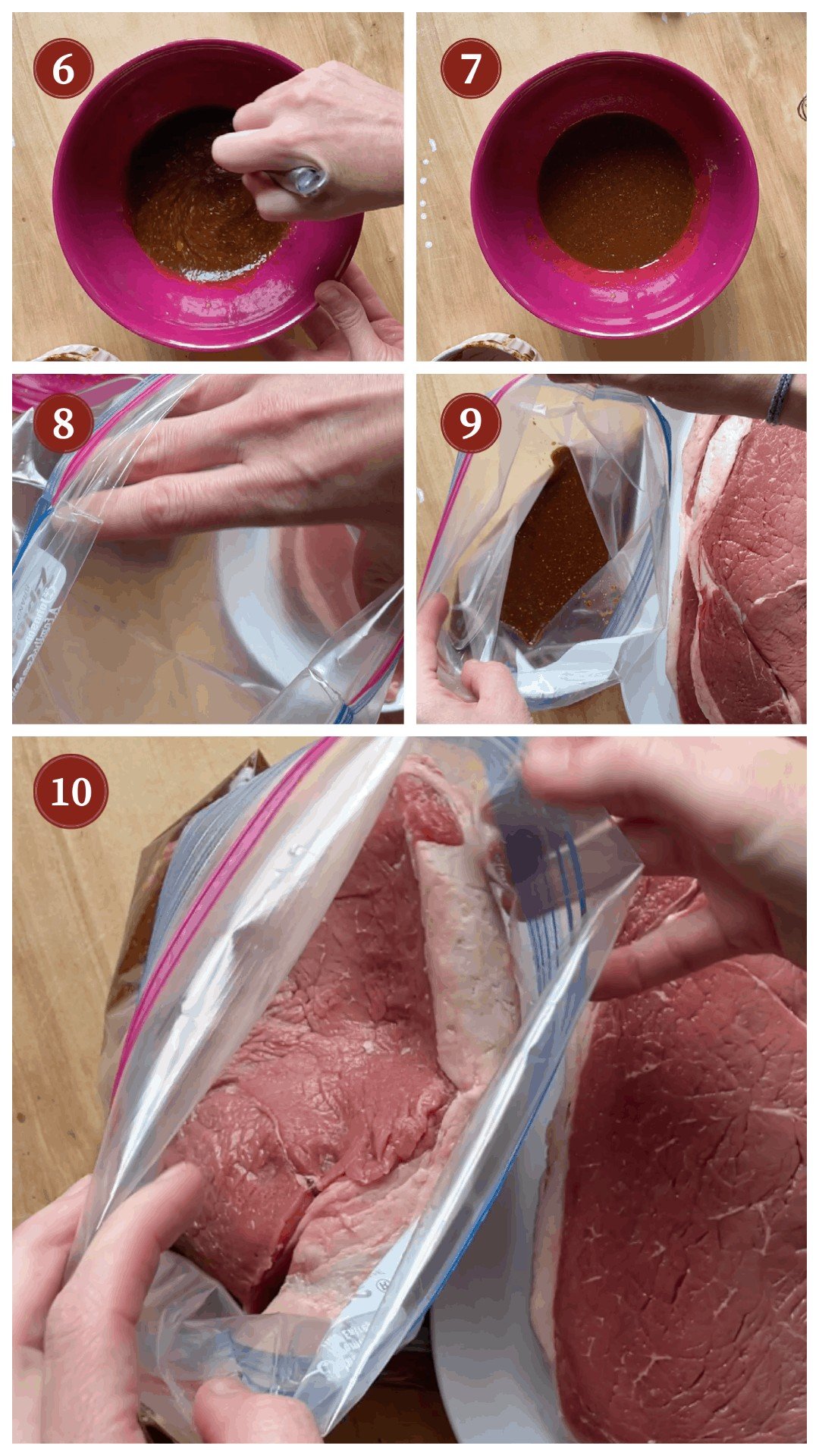 A collage of images showing how to make bourbon street steak, steps 6 - 10.
