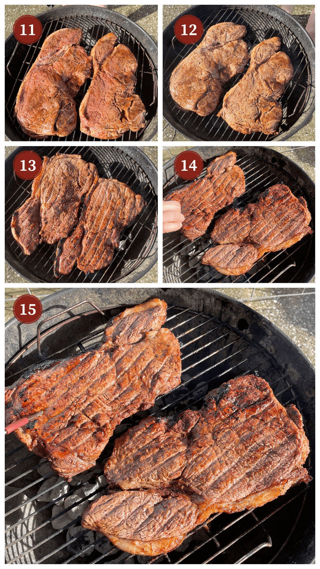 A collage of images showing how to make bourbon street steak, steps 11 - 15.