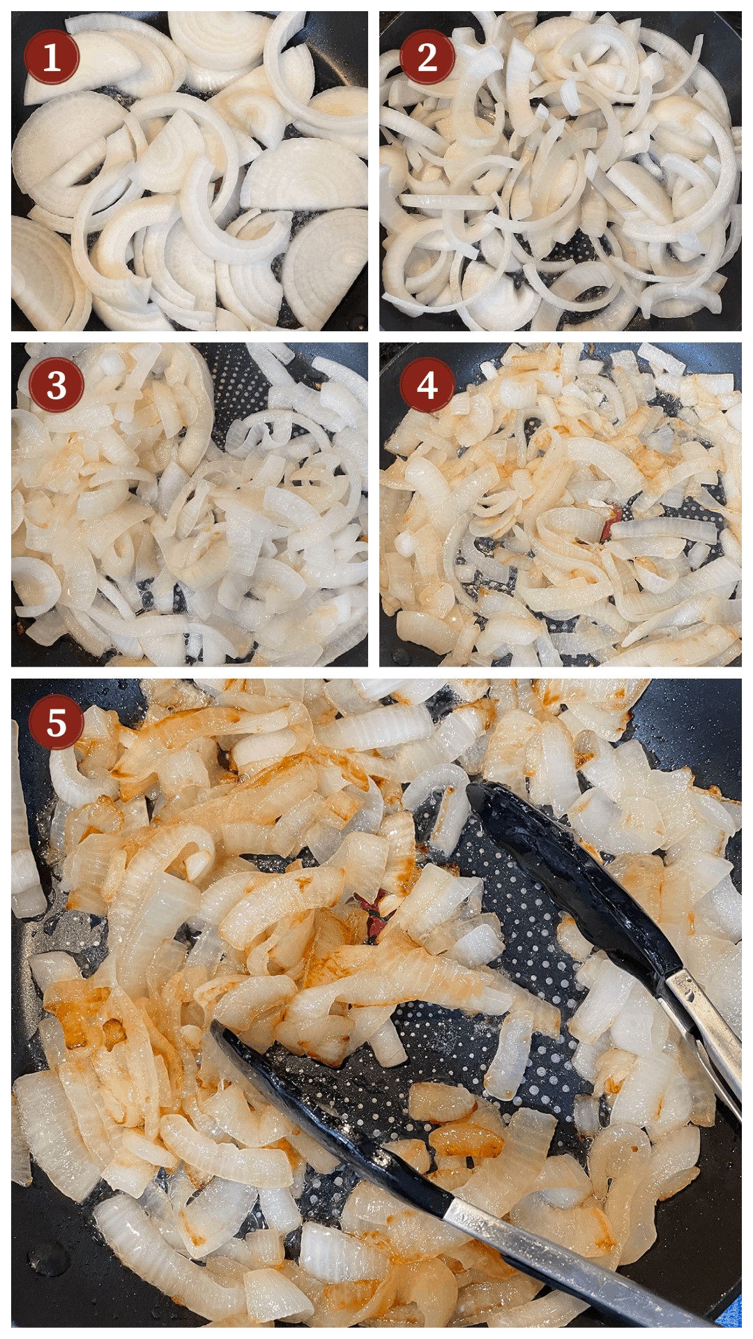 A collage of images showing how to fry onions, steps 1 - 5.