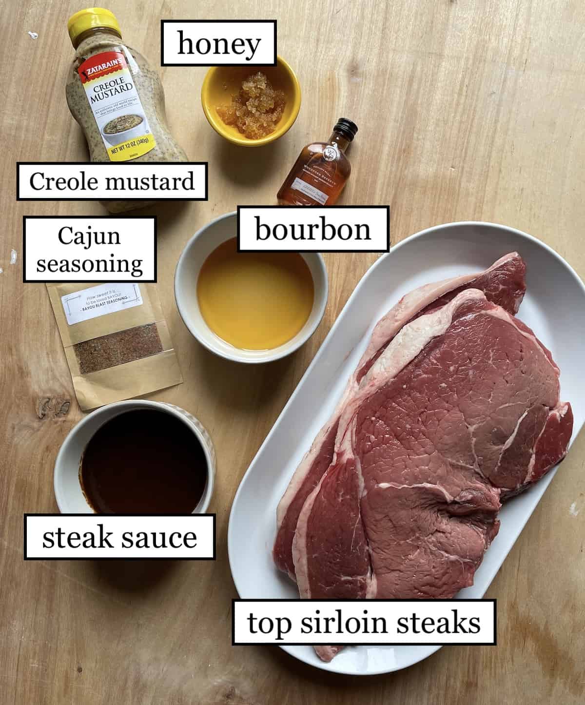 The ingredients in Applebee's Bourbon Street Steak laid out and labeled.