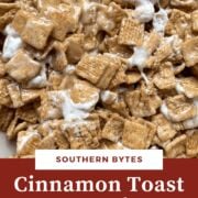 A pin image of Cinnamon Toast Crunch Cereal Treats before they are cut.