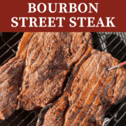 A pin image of two bourbon street steaks on a grill.