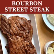 A pin image of a bourbon street steak on a white plate.