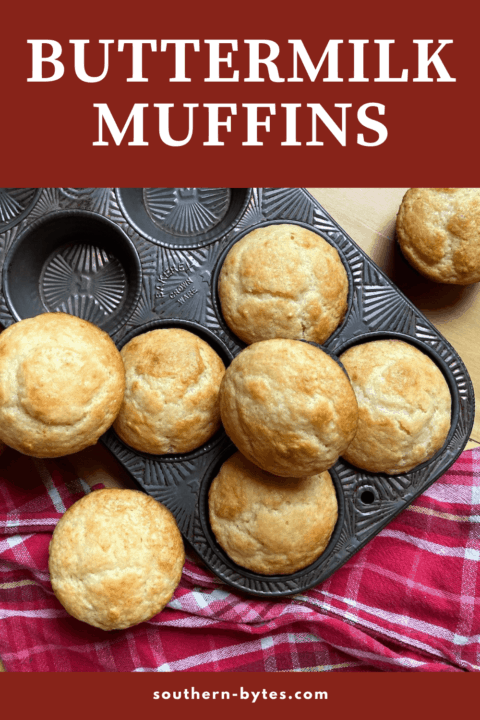 A pile of buttermilk muffins with overlay text.