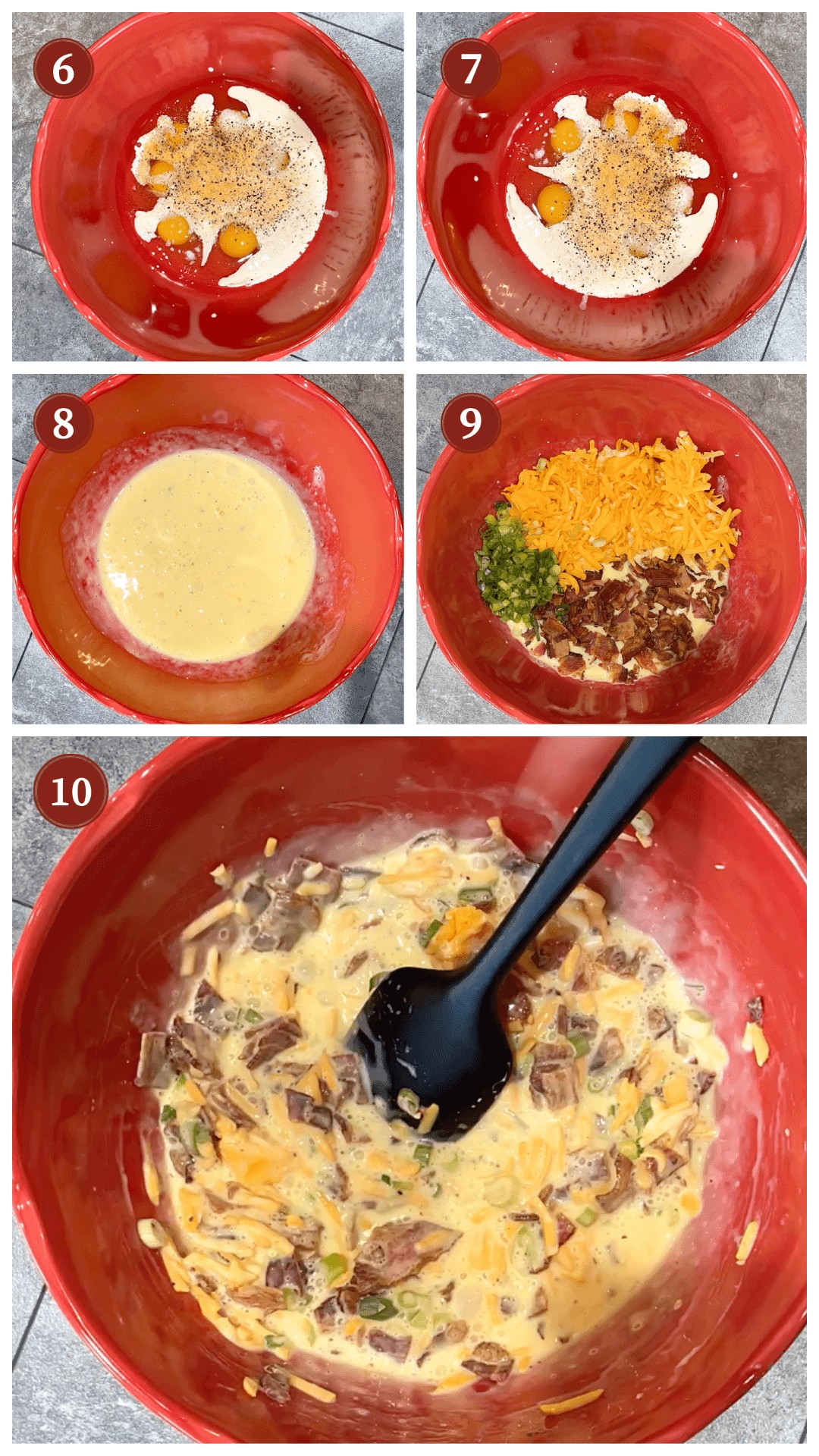A collage of images showing the process of making hash brown casserole, steps 6 - 10.