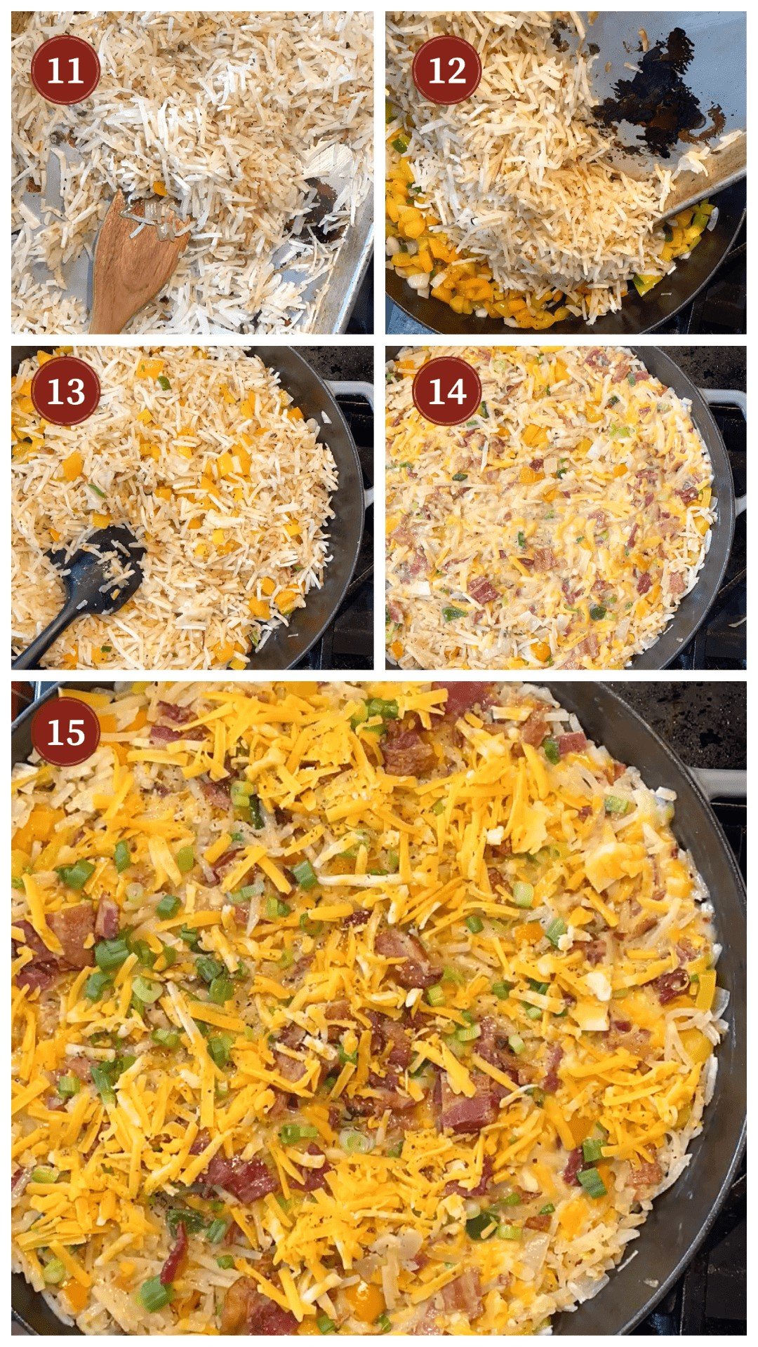 A collage of images showing the process of making hash brown casserole, steps 11 - 15.