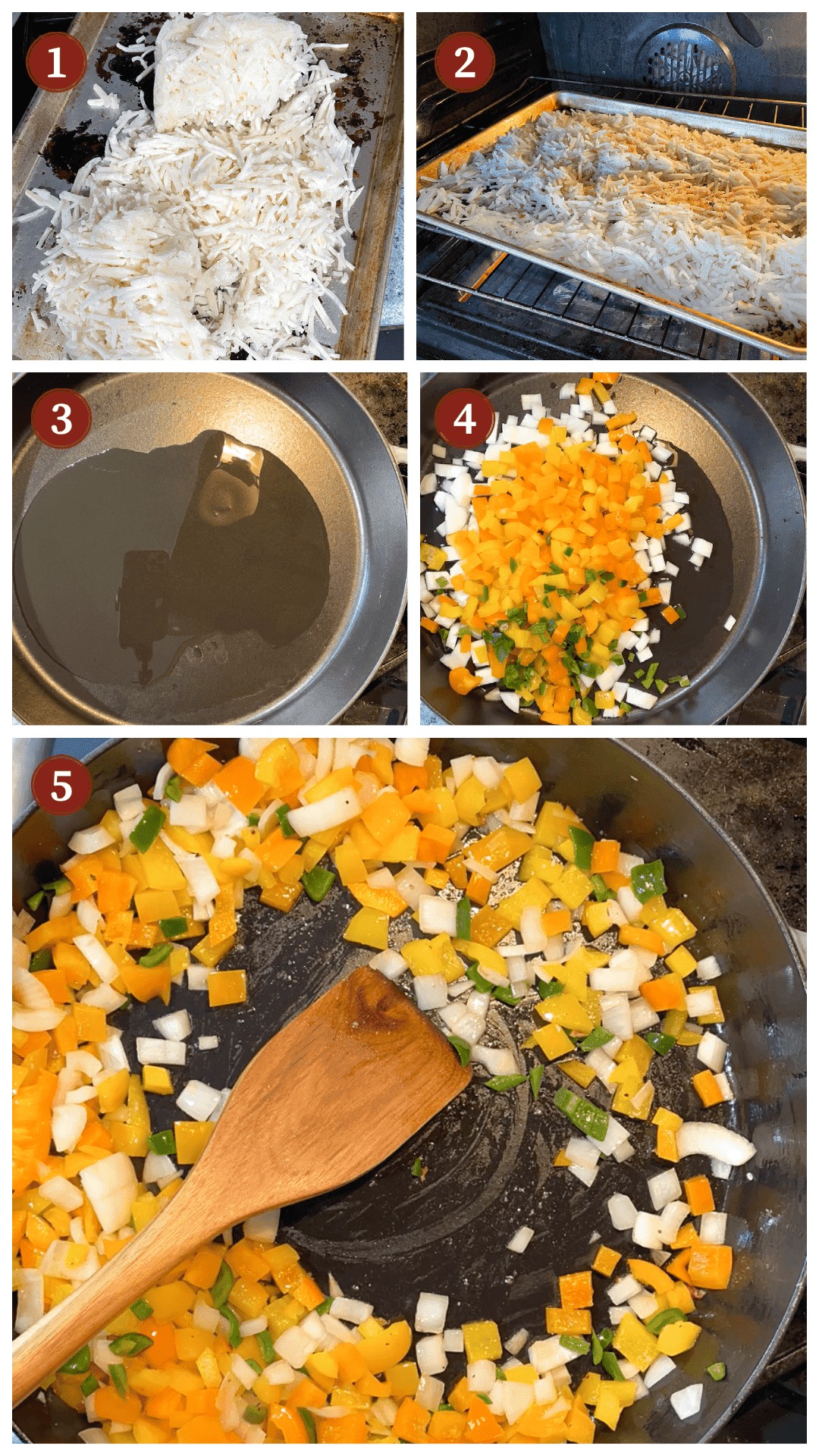A collage of images showing the process of making hash brown casserole, steps 1 - 5.