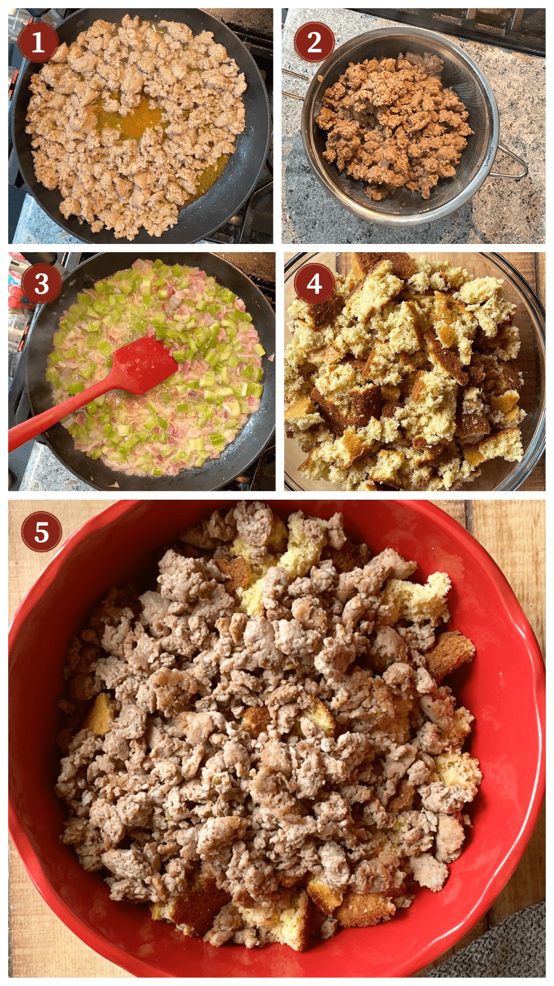 A collage of images showing how to make southern cornbread dressing, steps 1 - 5.