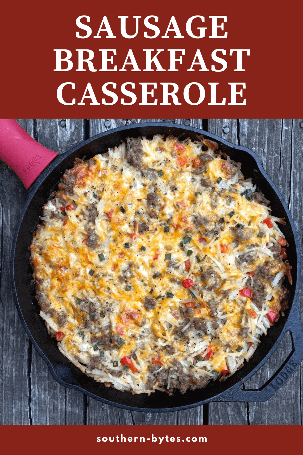 A picture of sausage breakfast casserole in a skillet with overlay text.