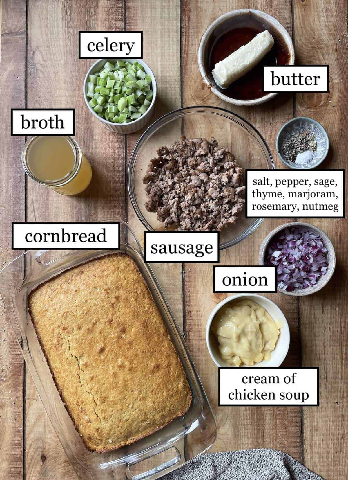 The ingredients in southern cornbread dressing laid out and labeled.
