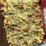 A pan of southern cornbread dressing up close.