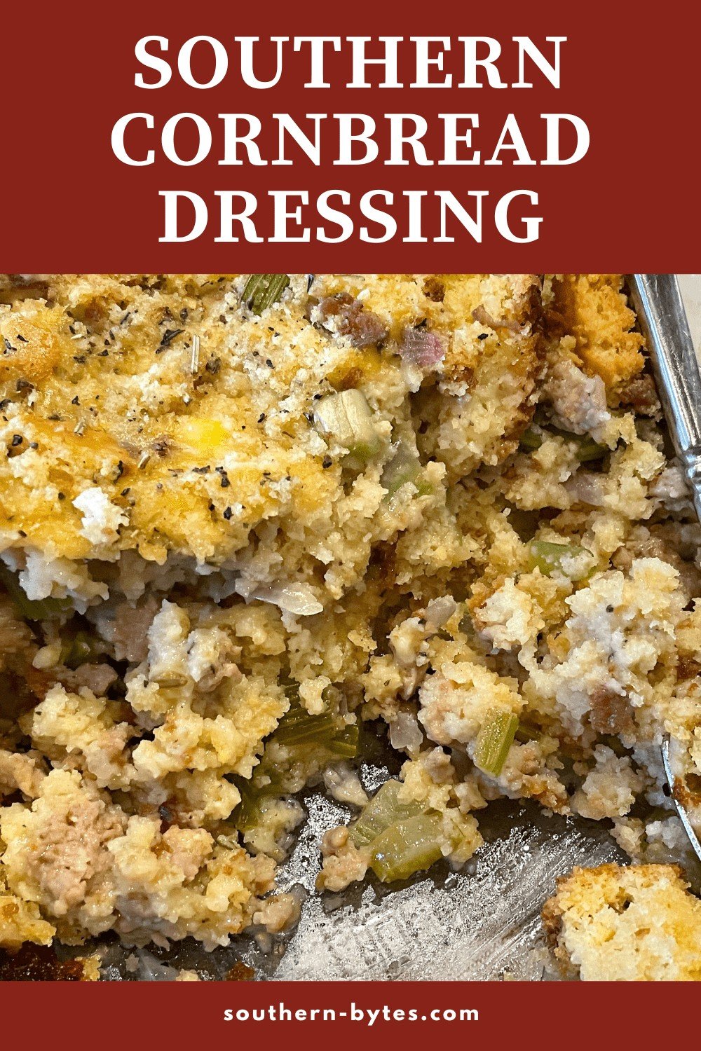 A pin image of the inside of southern cornbread dressing with overlay text.