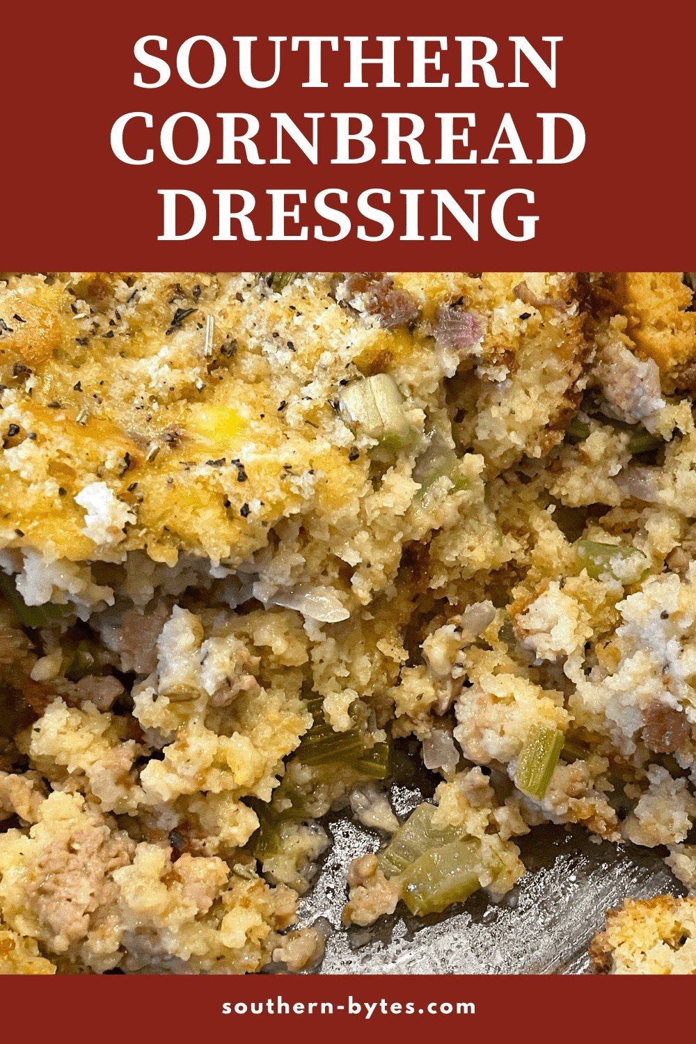 A pin image of the inside of southern cornbread dressing with overlay text.